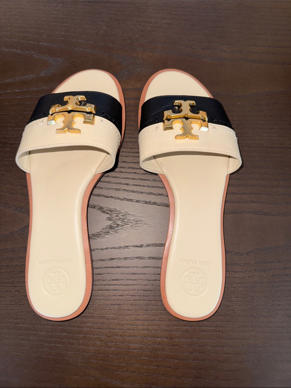 Tory Burch Cream and Black Leather Slide Sandals with Gold Logo